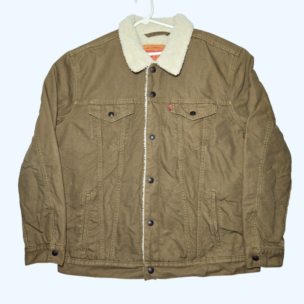 Levis Sherpa Lined Canvas Denim Trucker Jacket Beige Mens XXL Heavy Workwear